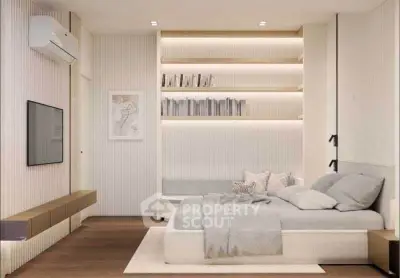 Modern bedroom with elegant decor, built-in shelves, and cozy lighting.