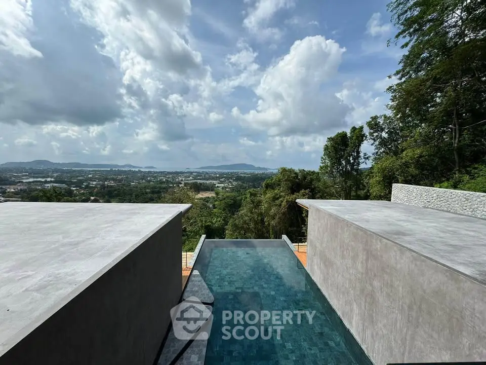 Stunning infinity pool with panoramic view of lush landscape and city skyline.