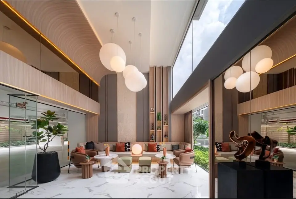 Luxurious modern living room with high ceilings, elegant lighting, and stylish decor, offering a sophisticated ambiance.