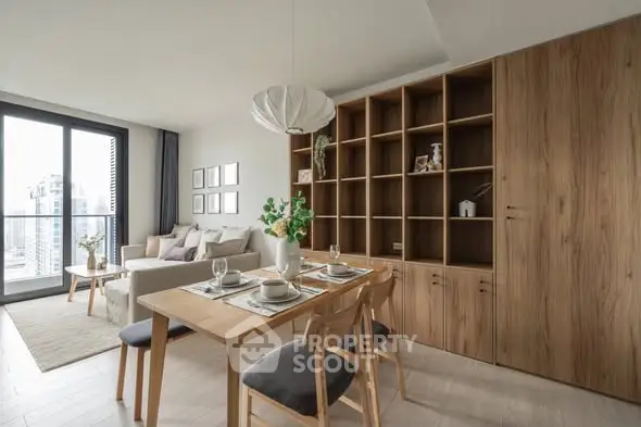 Modern living room with dining area and large windows offering city views