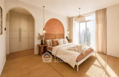 Luxurious bedroom with city view, elegant decor, and natural light.