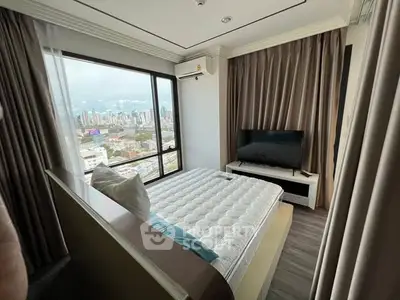 Modern bedroom with city view and stylish decor