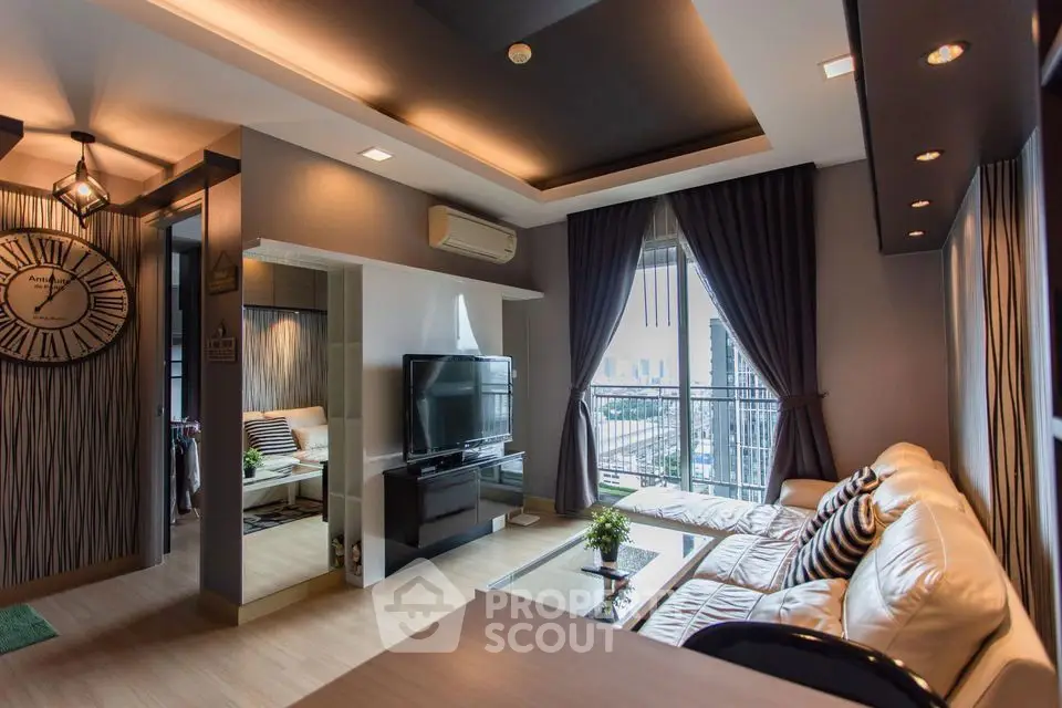 Luxurious modern living room with city view and elegant decor