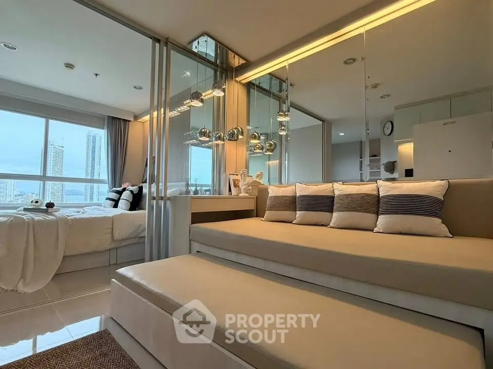 Modern living room with elegant decor and city view in a luxury apartment