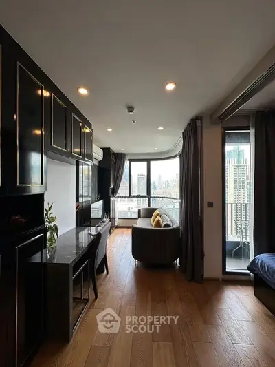 Luxurious high-rise living room with stunning city view and elegant decor