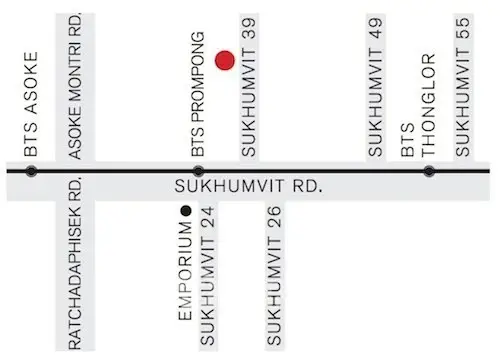 Map showing Sukhumvit Road with BTS stations and nearby streets for real estate navigation.