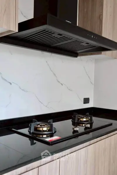 Modern kitchen with sleek gas stove and elegant marble backsplash