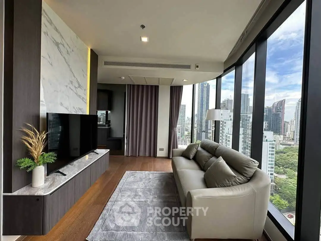 Luxurious modern living room with panoramic city views and elegant decor