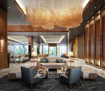 Luxurious living room with elegant chandelier and modern decor, perfect for upscale living.