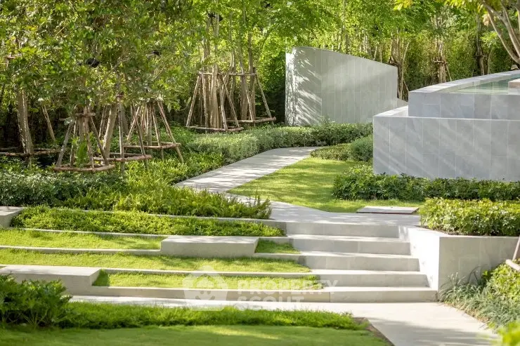 Luxurious landscaped garden with modern design and lush greenery
