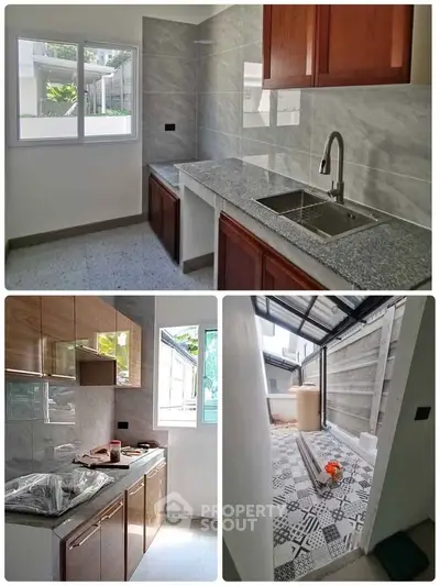 Modern kitchen with sleek cabinetry and outdoor utility area in a contemporary home.