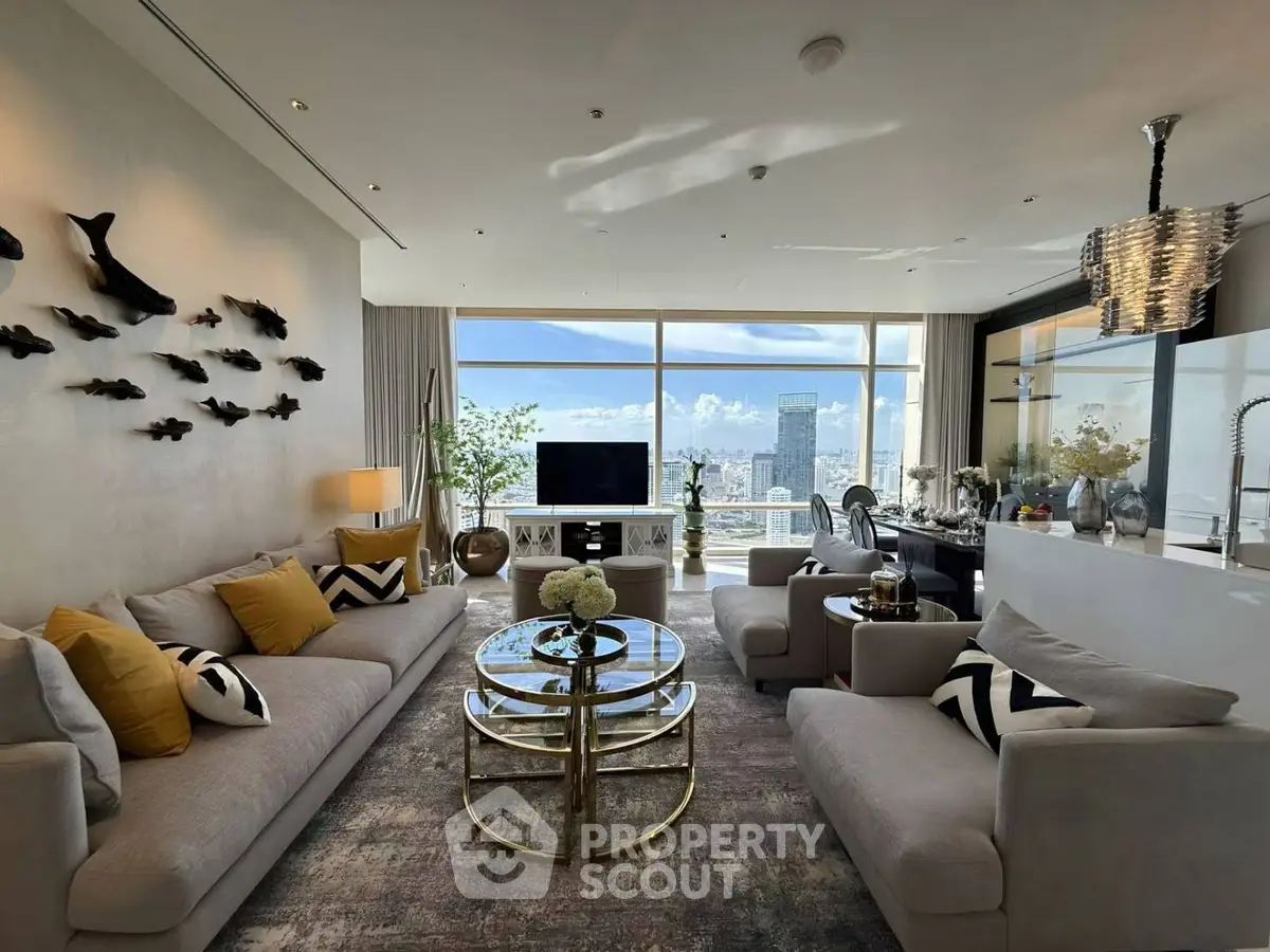 Luxurious living room with stunning city view, elegant decor, and modern furnishings in high-rise apartment.