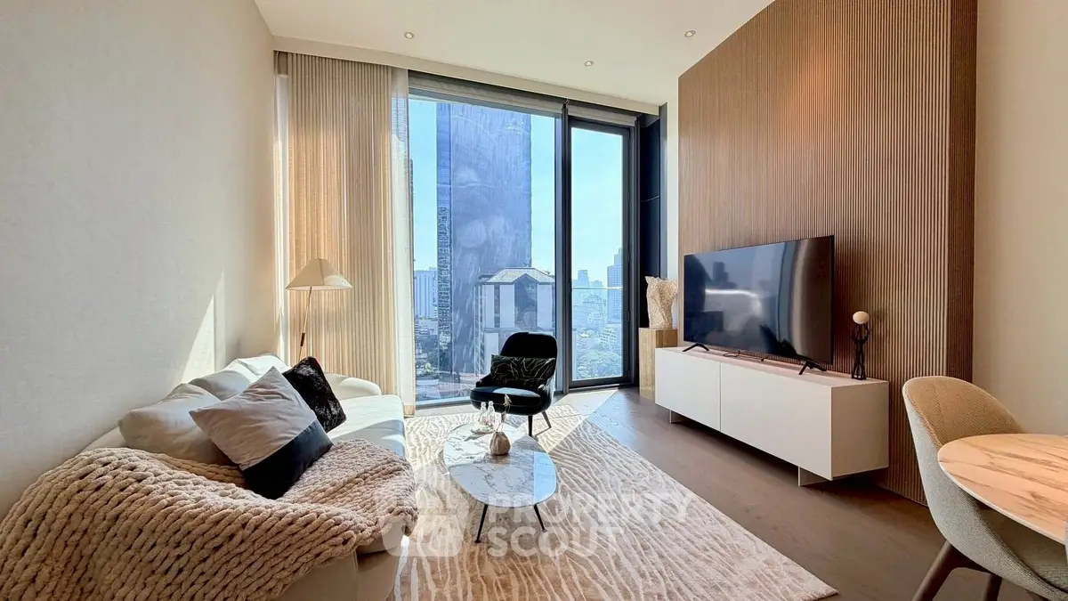 Modern living room with floor-to-ceiling windows and city view