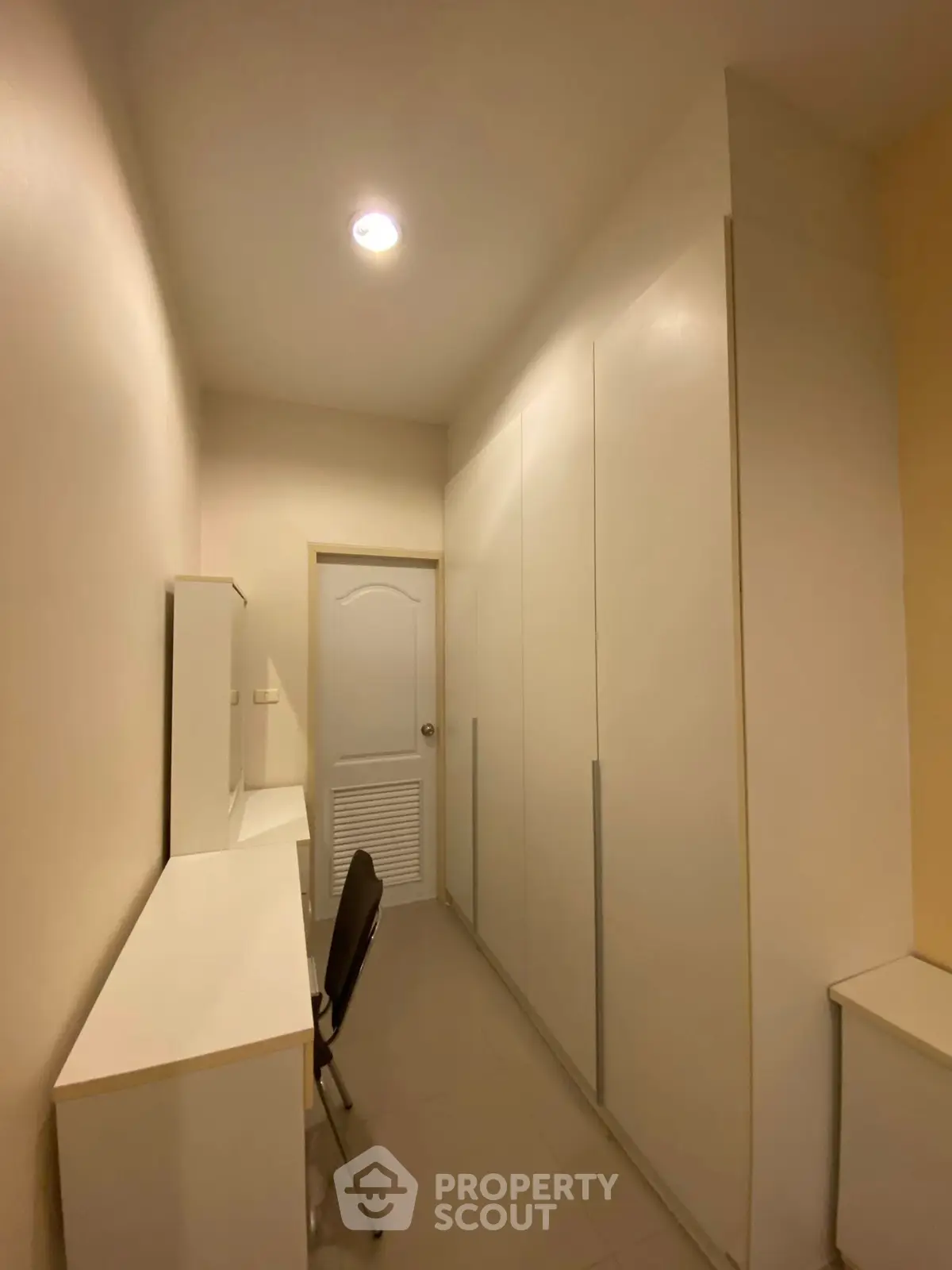 Spacious storage room with built-in cabinets and modern lighting