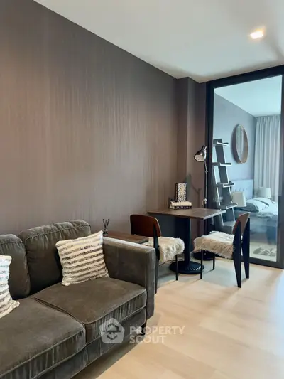 Modern living room with cozy sofa and stylish decor