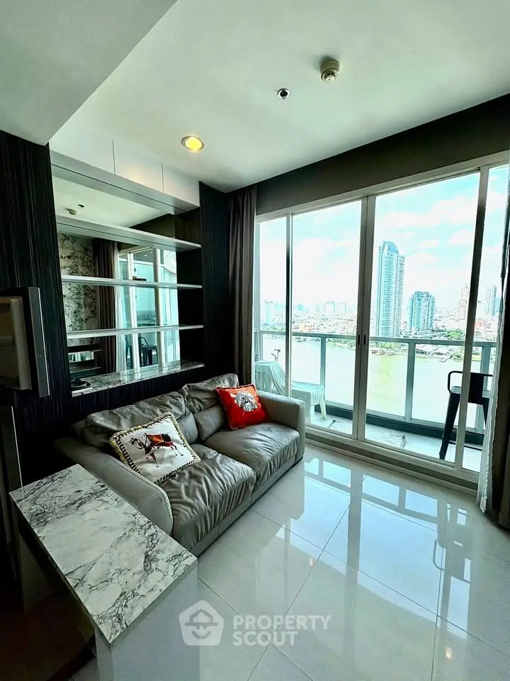 Luxurious living room with stunning city view and modern decor