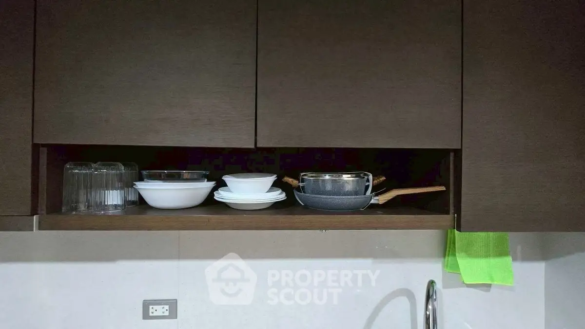 Modern kitchen cabinet with neatly arranged dishes and cookware
