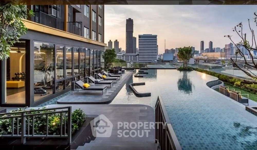 Luxurious rooftop pool with stunning city skyline views, modern design, and elegant lounging area.