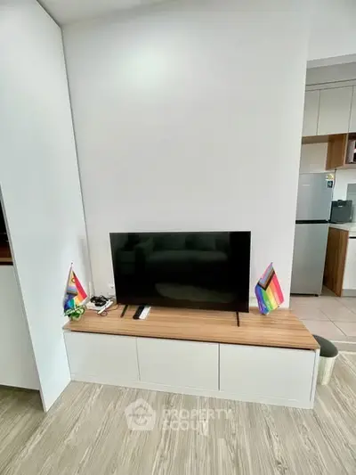 Modern living room with sleek TV setup and rainbow flags, showcasing stylish interior design.