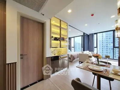 Luxurious open-plan living room with dining area and city view, featuring modern decor and ample natural light.