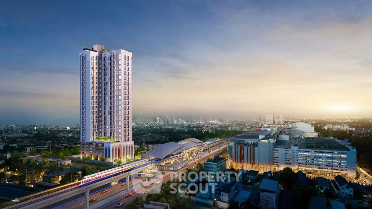 Stunning high-rise building with panoramic city views at sunset, ideal for urban living.