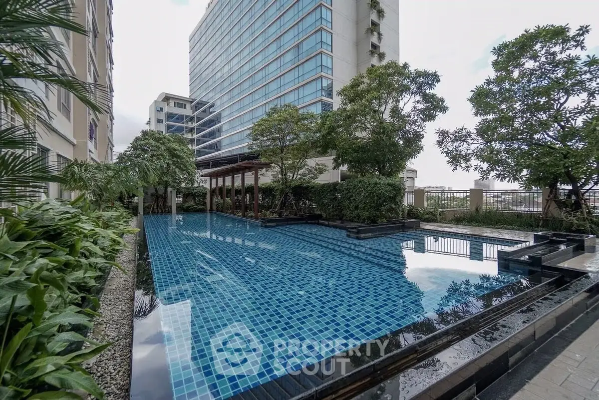 Luxurious rooftop pool with stunning city views and lush greenery