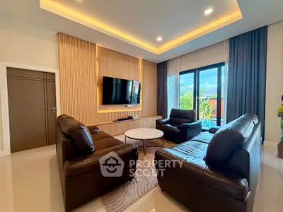 Luxurious living room with modern leather sofas and ambient lighting