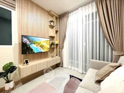 Modern living room with stylish decor, wall-mounted TV, and elegant curtains, perfect for cozy relaxation.