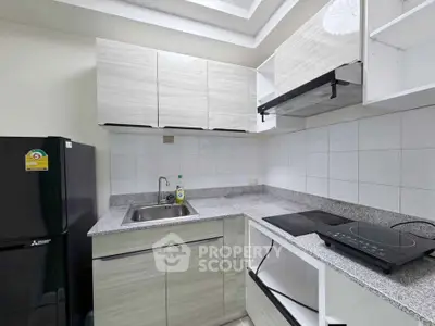 Modern kitchen with sleek cabinetry and induction cooktop in a compact layout.