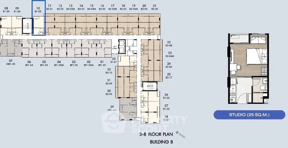 Studio apartment floor plan with detailed layout in modern building.
