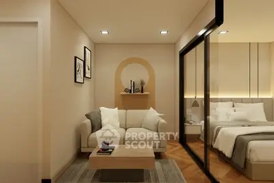 Modern living room with cozy sofa and elegant decor adjacent to a stylish bedroom.