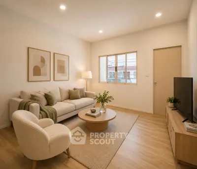 Modern living room with cozy furniture and natural light, perfect for relaxation and entertainment.