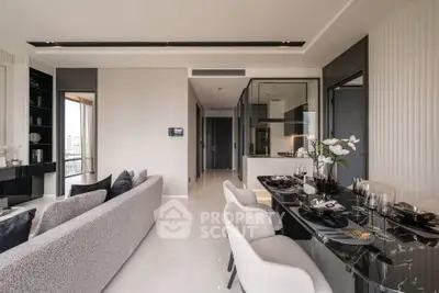 Luxurious modern living room with open kitchen, elegant dining area, and panoramic city views.