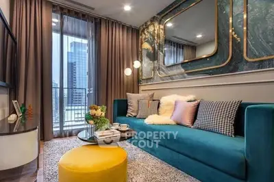Luxurious living room with modern decor and city view balcony.