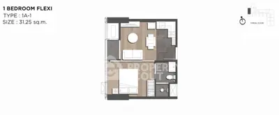 Modern 1-bedroom flexi apartment floor plan with efficient layout and stylish design.