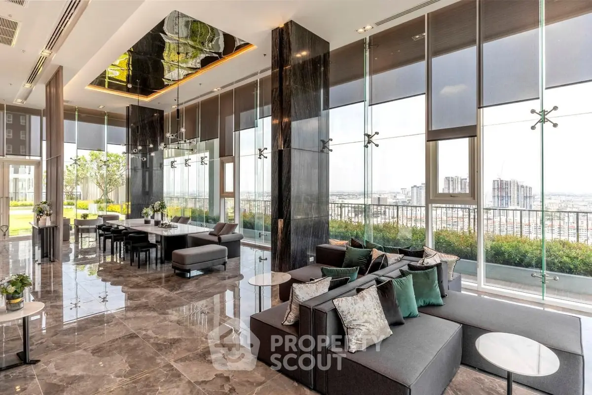 Luxurious modern living room with panoramic city views and elegant decor