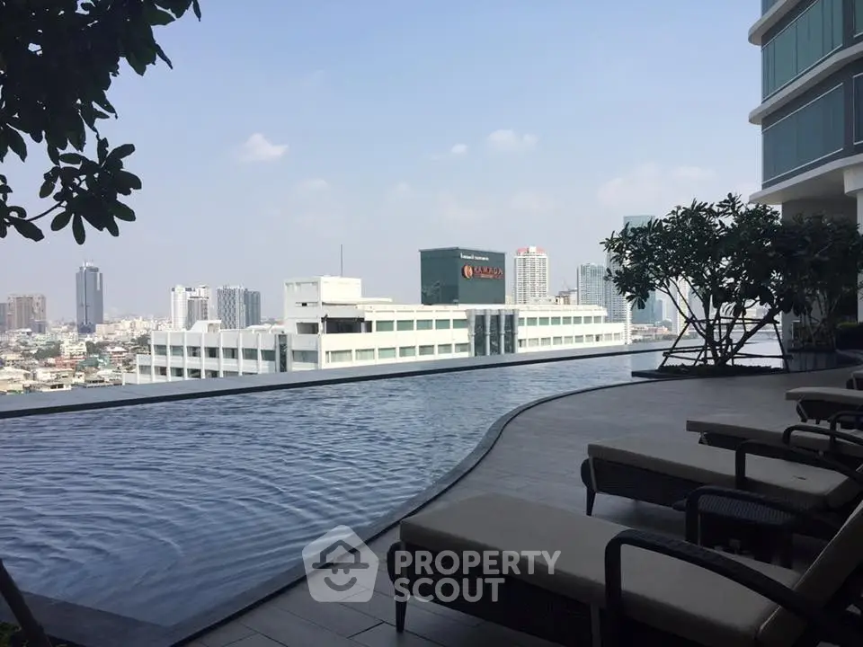 Luxurious rooftop pool with stunning city skyline view, perfect for relaxation and leisure in a modern urban setting.