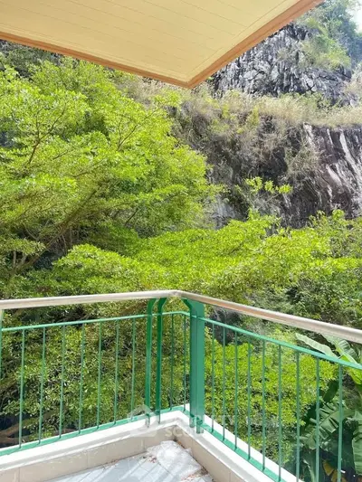 Scenic balcony view with lush greenery and rocky backdrop