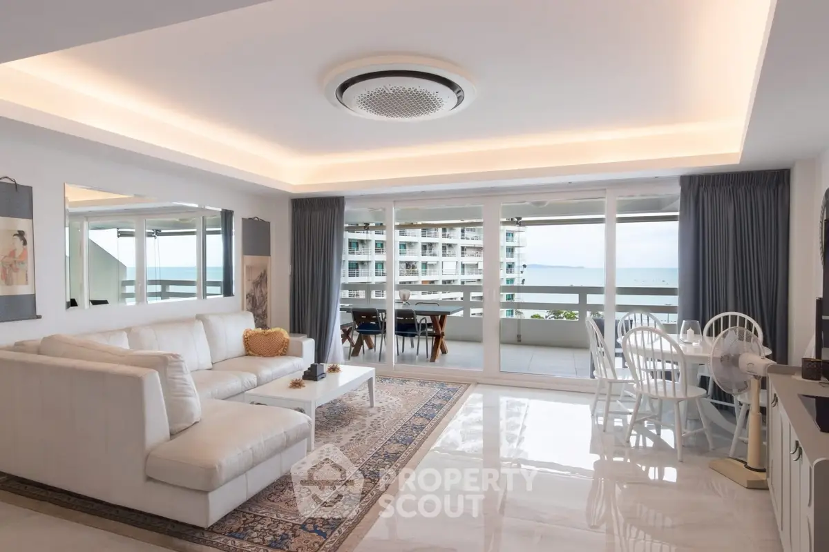 Luxurious living room with modern decor and stunning balcony view in a high-rise apartment.