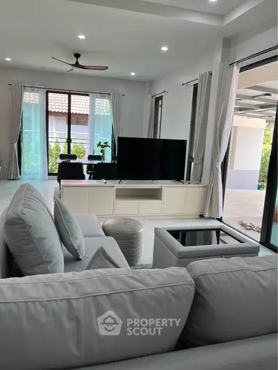 Spacious modern living room with large windows and stylish decor