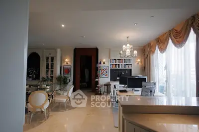 Luxurious open living room with elegant dining area and modern office space