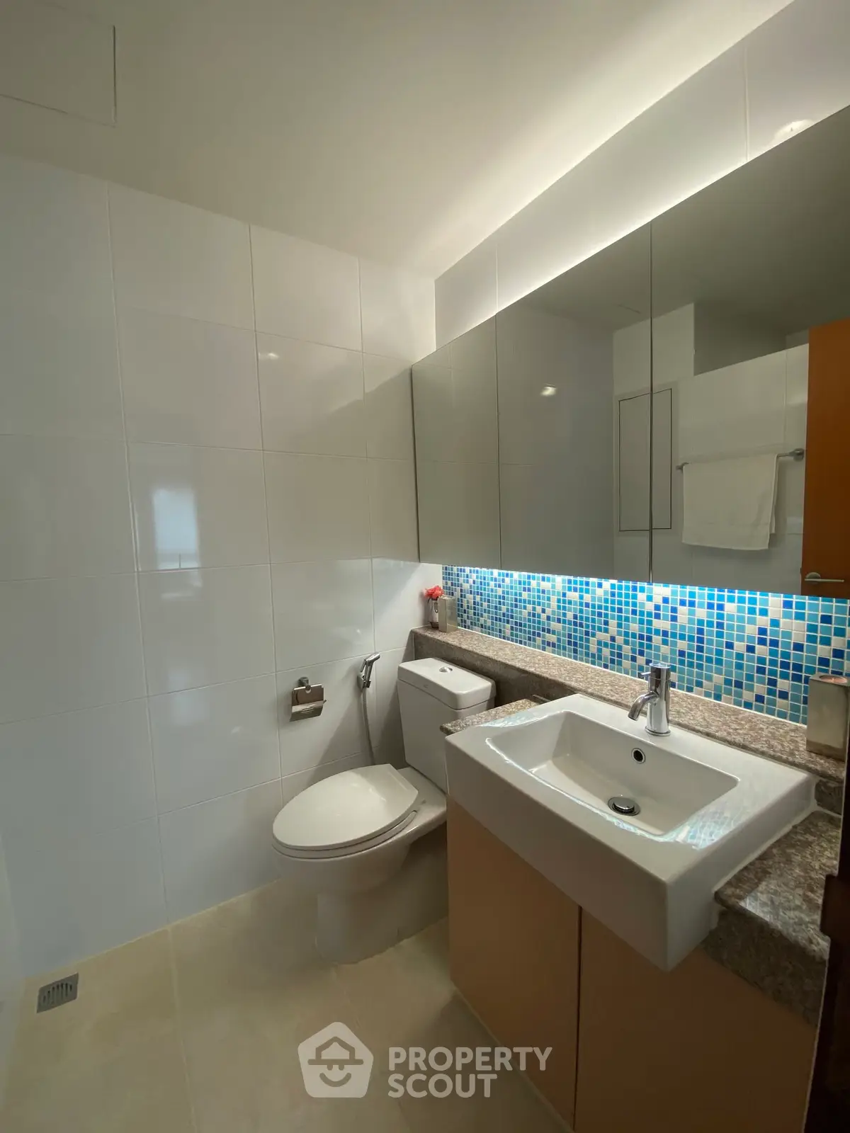 Modern bathroom with sleek fixtures and mosaic tile accents in a contemporary home.