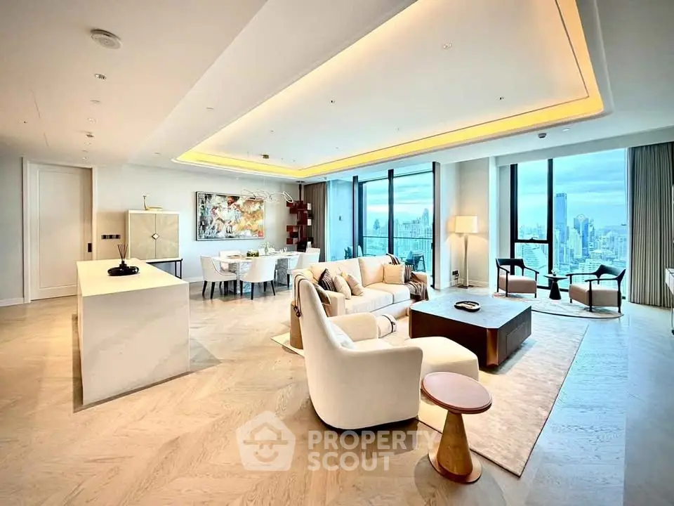 Luxurious open-plan living room with stunning city views and modern decor