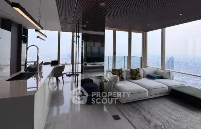 Luxurious modern living room with panoramic city views and elegant furnishings