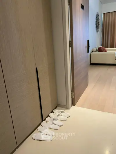 Modern apartment entrance with wooden door and slippers, leading to a cozy living room.