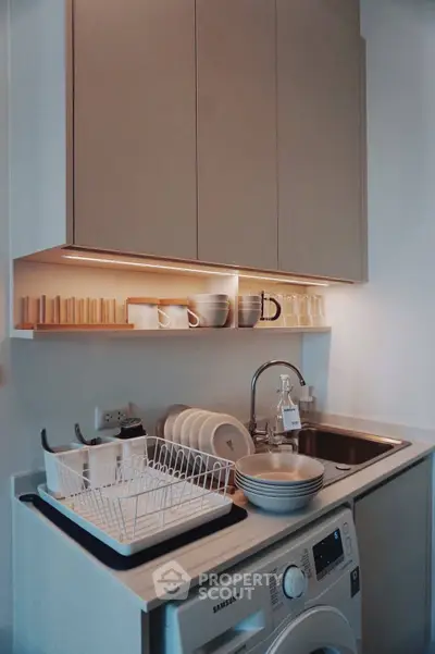 Modern kitchen with sleek cabinets and built-in washing machine