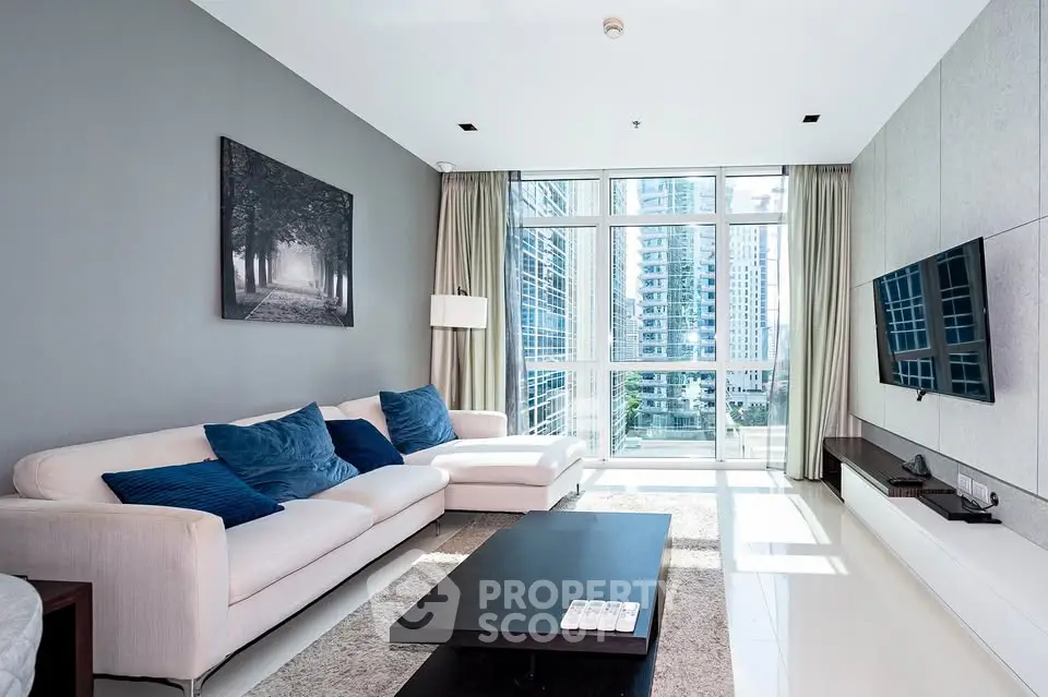 Luxurious modern living room with floor-to-ceiling windows and city view