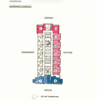 Detailed floor plan of a high-rise building with ocean view units in Pattaya.