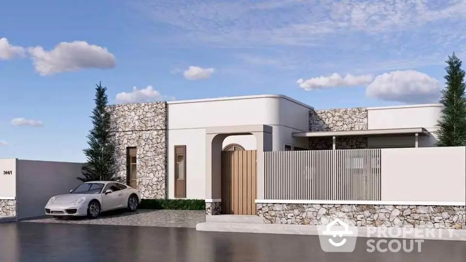 Modern luxury villa with stone facade and sleek design, featuring a private driveway and lush greenery.