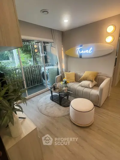 Cozy living room with modern decor and garden view, perfect for relaxation and entertaining.